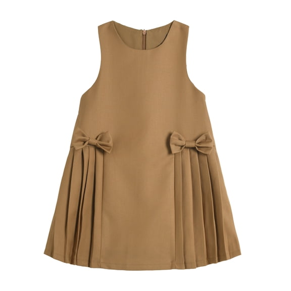 LittleSpring Toddler Girls School Uniform Jumper Dress Khaki Cotton Round Neck Pleated Hem Bow Back Zipper Sleeveless Jumper Dress 2T