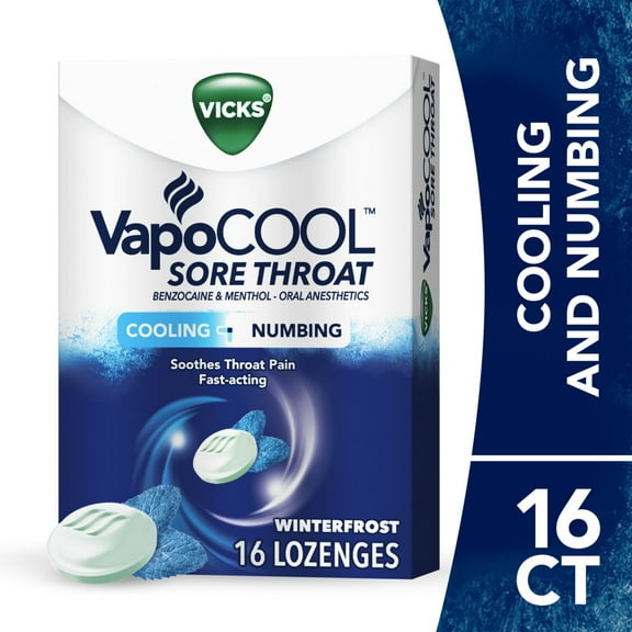 Vicks VapoCOOL SEVERE Medicated Sore Throat Drops, Fast-Acting Max Strength Relief, Soothes Sore Throat Pain Caused by Cough, Powerful Vicks Vapors, Menthol, Winterfrost Flavor, 16ct
