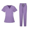 thumbnail image 2 of Stamzod Two Piece Natural Scrubs for Women Set Solid Color V Neck Short Sleeve Work Shirts and Jogger Pants Casual Uniforms Scrubs for Women Purple B XL, 2 of 8