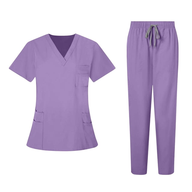 Timegard Work Outfits for Women 2 Piece V Neck Short Sleeve Tops Fitting Pants Solid Color Outfits