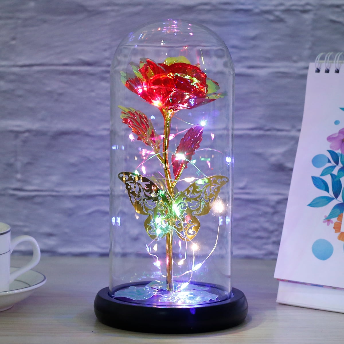 Ghopy Rose Light Artificial Galaxy Rose Lamp with Butterfly and Colorful LED Rose Flowers In Glass Battery Powered Gifts for Women Girls for Wedding Mother's Day Valentine's Day