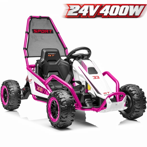 Sunnyfree 24V Drift Go Kart for Kids Ages 6 , 400W Electric Ride On Car with Rear Suspension, Bluetooth Music, LED Lights, Up to 8.5MPH, Pink