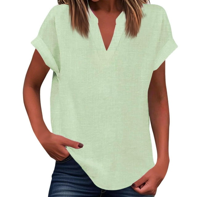 WEIYLL Ladies T Shirts Summer Loose Fit V Neck Curved Hem Flowy Solid Green Blouse Sizes L
