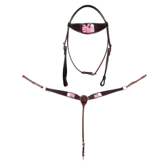 Horse Western Basket Weave Tooled Browband Bridle & Breast Collar Set Brown 78BT02B