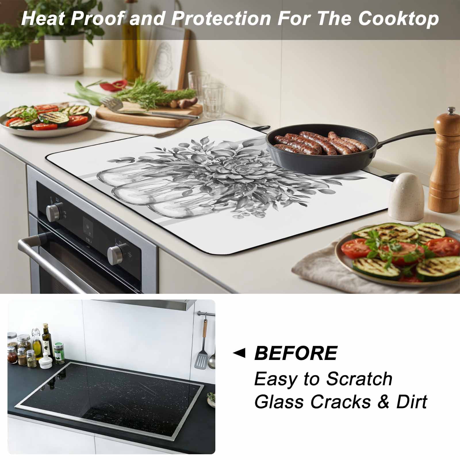 Eucalyptus Grey Stove Top Cover for Electric Stove, Heat-proof & Non Slip Glass Top Stove Cover Protector, Vintage Bottle Succulents Flower Stripes Kitchen Flat Cooktop Rubber Mat 28.5x20.5 Inches