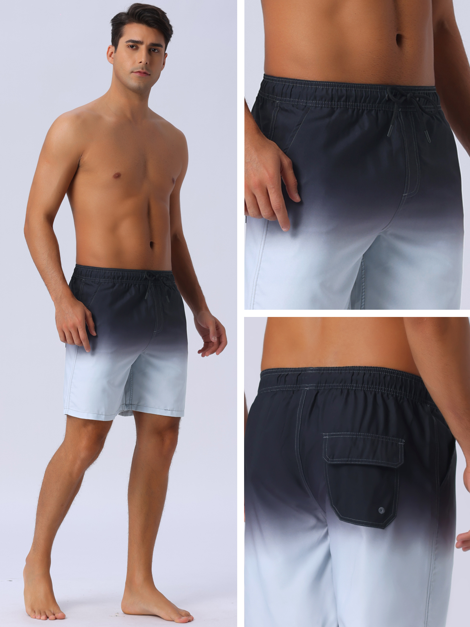 DARING DIVA Men's Gradient Color Drawstring Elastic Waist Lining Swimming Trunks 30 Gray
