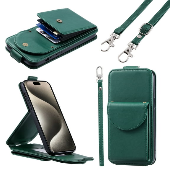 Feishell Crossbody Wallet Case for iPhone 13 Pro Max,Durable PU Leather Vertical Flip Kickstand Magnetic Button Credit Card Slots Handbag Phone Case with Wrist & Shoulder Strap,Green