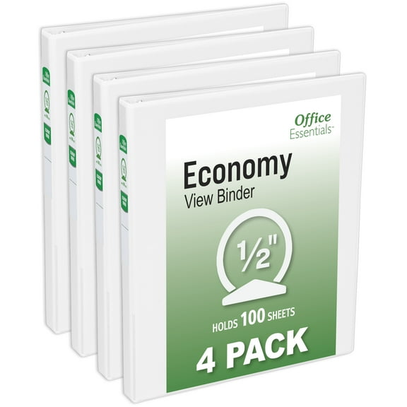 Office Essentials Economy View 3 Ring Binders, 0.5" Round Rings, 0.7" Spine, 100-Sheet Capacity, White Binders (4-Pack of 03124)