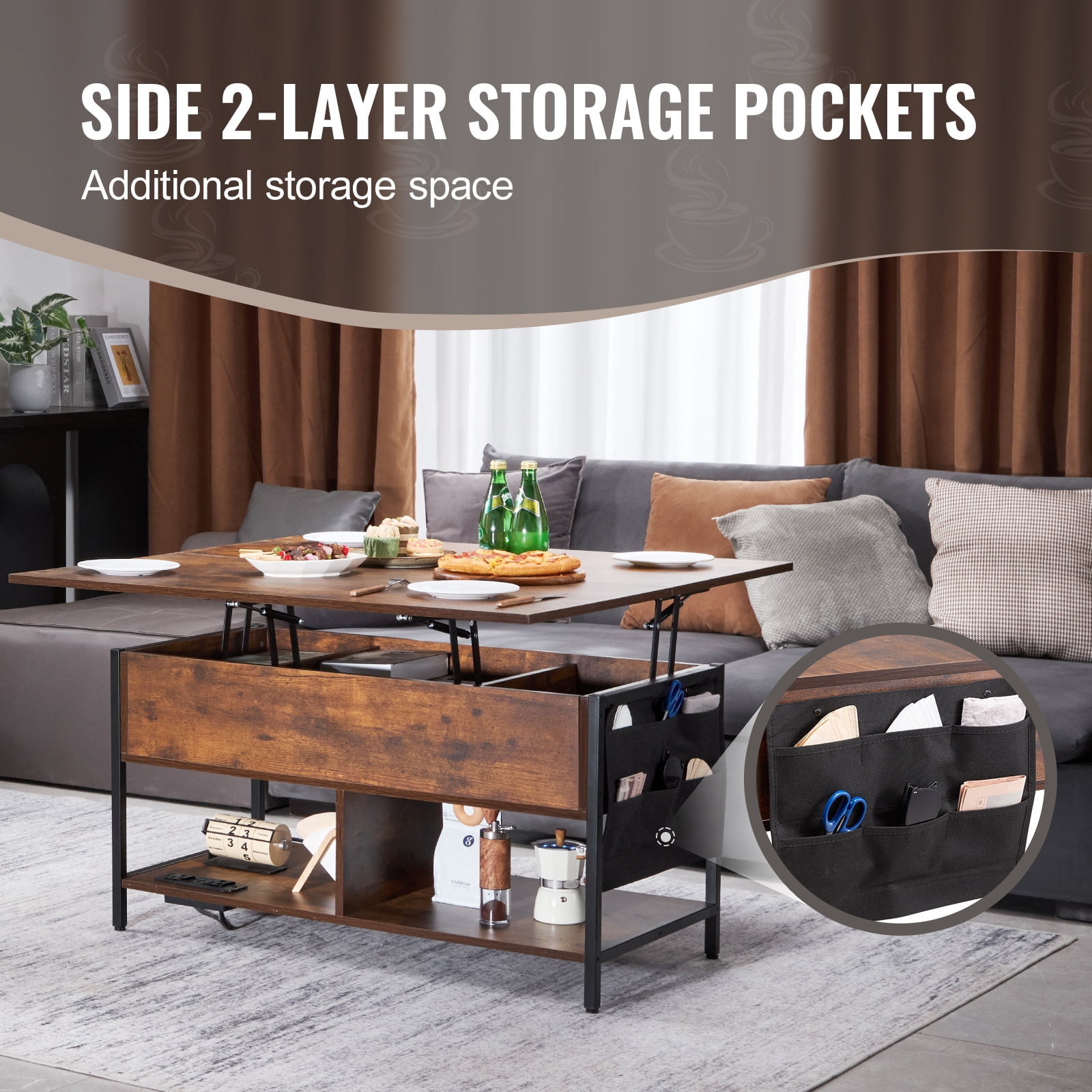 KFFKFF Coffee Table with Lift Top, 39.4 in Rectangular Design, Includes Additional Storage Compartments, Features Flip Top, Power Outlets, USB Ports & Soft Glow Lights, Ideal for Living Spaces