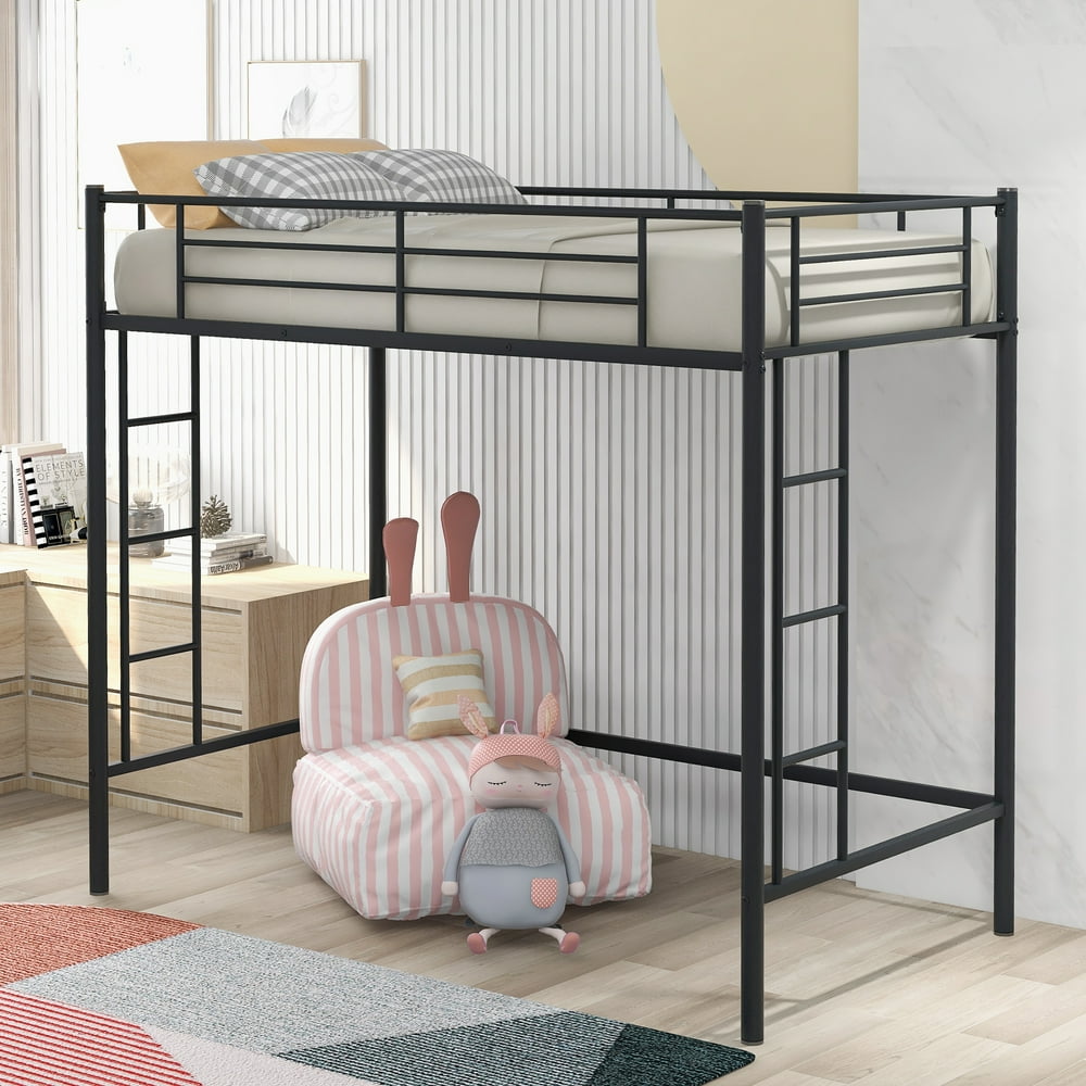 Euroco Steel Twin Loft Bed with Guard Rail & Dual Ladders for Kids