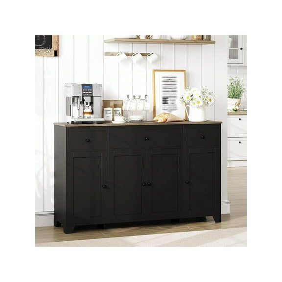 Black 55"55inch Large Sideboard Buffet, Farmhouse Coffee Bar Cupboard Buffet Cabinet Storage With Adjustable Shelves And 2 Drawers For Kitchen Dining Living Room