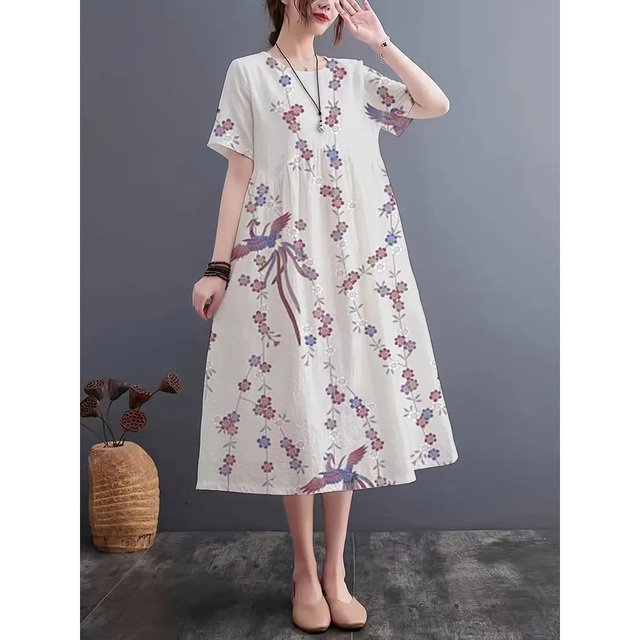 JUNWELL 2024 Été Nouveau Style Bohème Robe Col Rond Manches Courtes Imitation Lin Robe Légère Respirante Ample Confortable