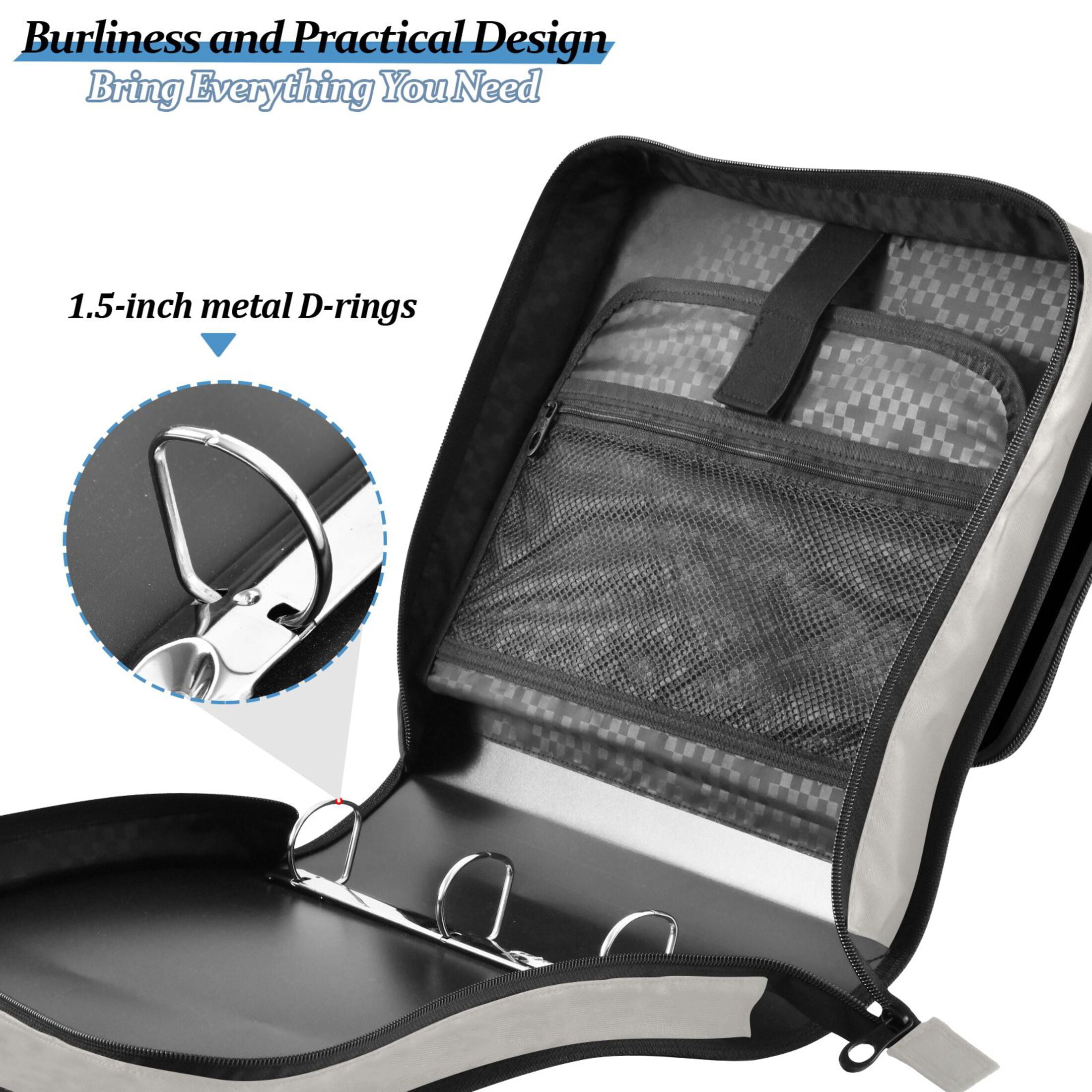 3 Ring Zipper Binder with Shoulder Strap Waterproof Trapper Keeper 2 Inch D-Ring 500 Sheets Capacity Grey