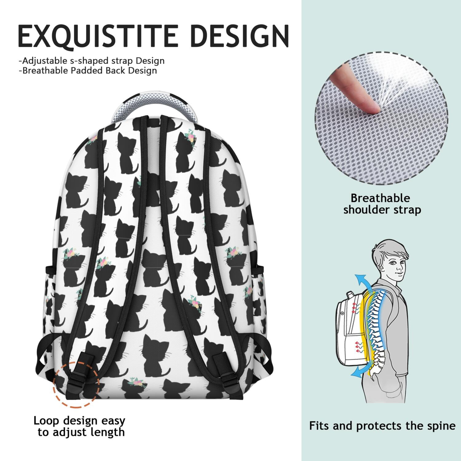 Elegant Floral Cat Themed Backpack for Women & Teens - Lightweight Waterproof School Bag for Travel & Work - Large Capacity Laptop Bag with Multiple Pockets - Trendy Cat Design