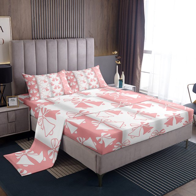 Erosebridal Bell Bow Sheet Set Twin, Princess Pink Bedding Sets Twin Size, Cute Ribbon Decor 3-Piece