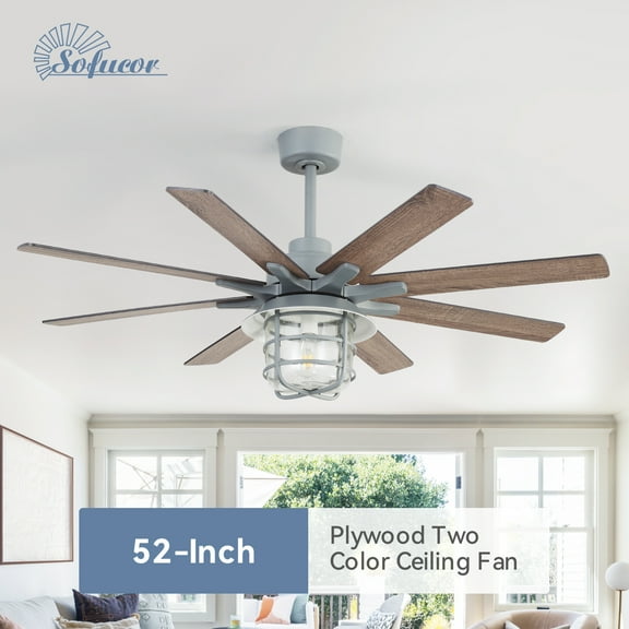 Sofucor 52-Inch Modern Farmhouse Ceiling Fan with Dimmable Light, 8 Wood Blades, Reversible, Quiet Motor