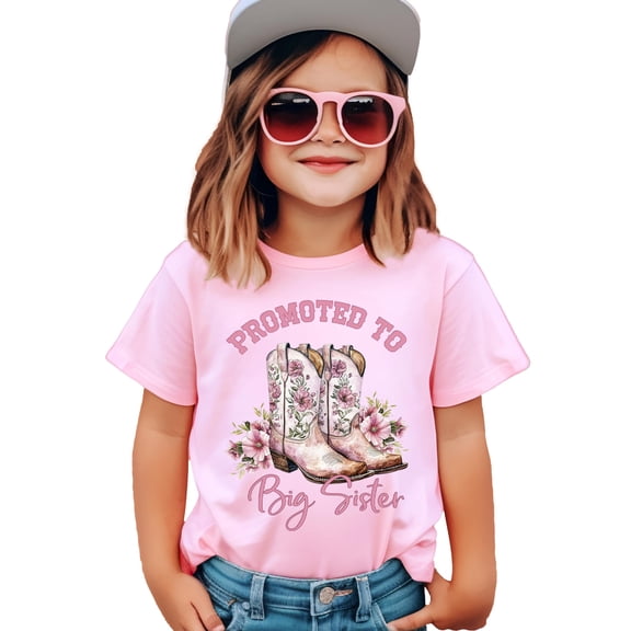 Promoted to Big Sister Shirt for Girls Pink Western Cowgirl Boots Floral Cute Sibling Tee Pink Shirt 2T