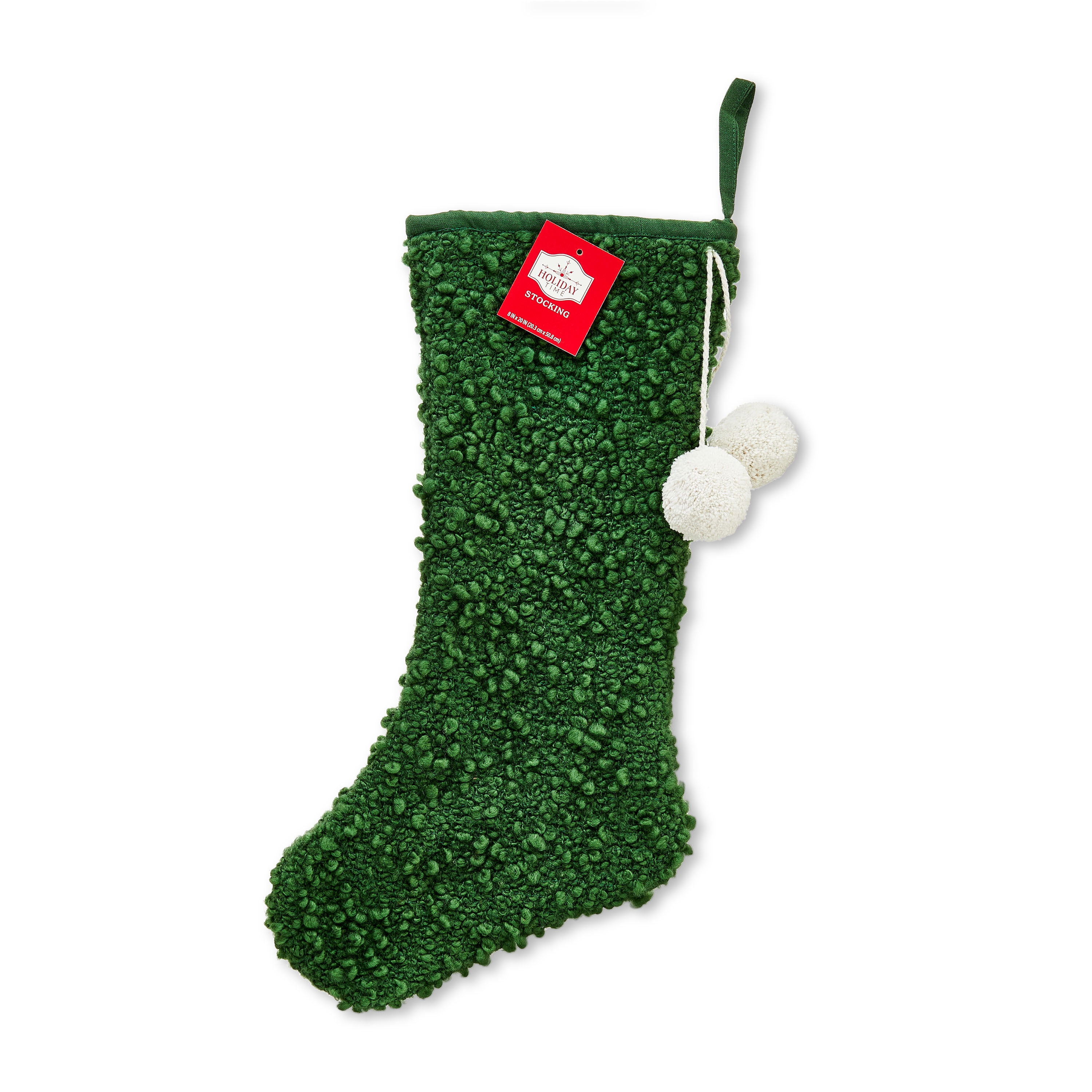 Green Boucle Christmas Stocking with Pom Poms, 20", by Holiday Time