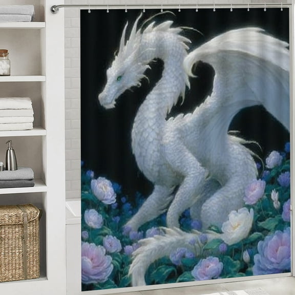 RKSupls Christmas Shower Curtain, White Cool Dragon Shower Curtain with Hooks for Christmas New Year Home Bathroom Decor Washable Curtains, 72x72 in