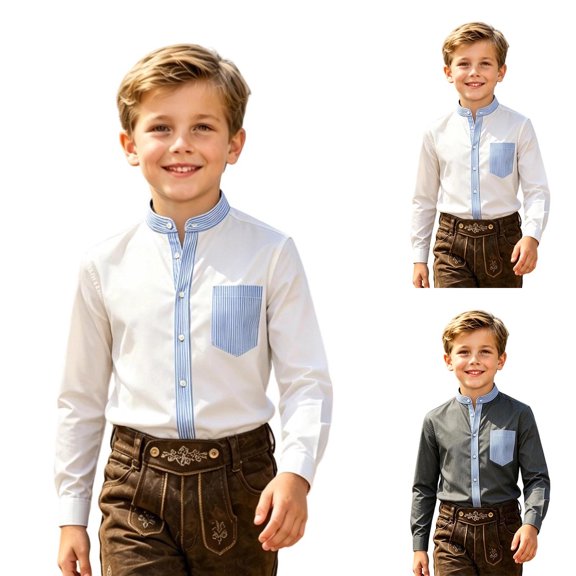 KHONTS Boys Strip Patchwork Shirts Western Cowboy Shirts Button down Long Sleeve Tops with Pocket,Size 2-14 Years White 160