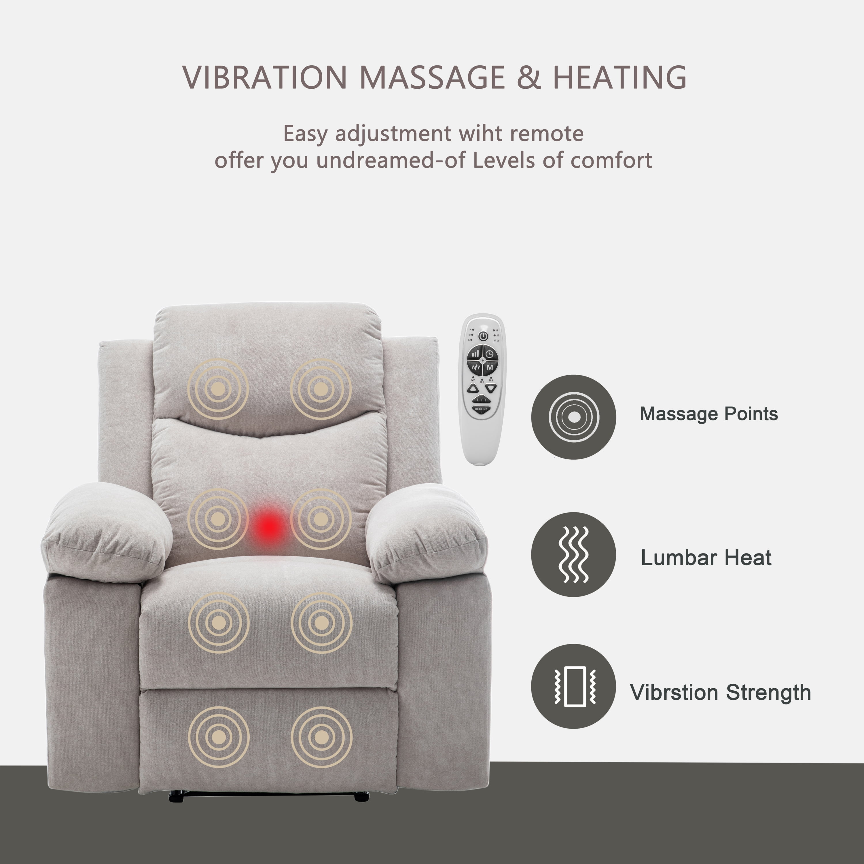 MOONMISS Velvet Adjustable Massage Function Side Pocket Power Recliner Chair with Heating System-Beige