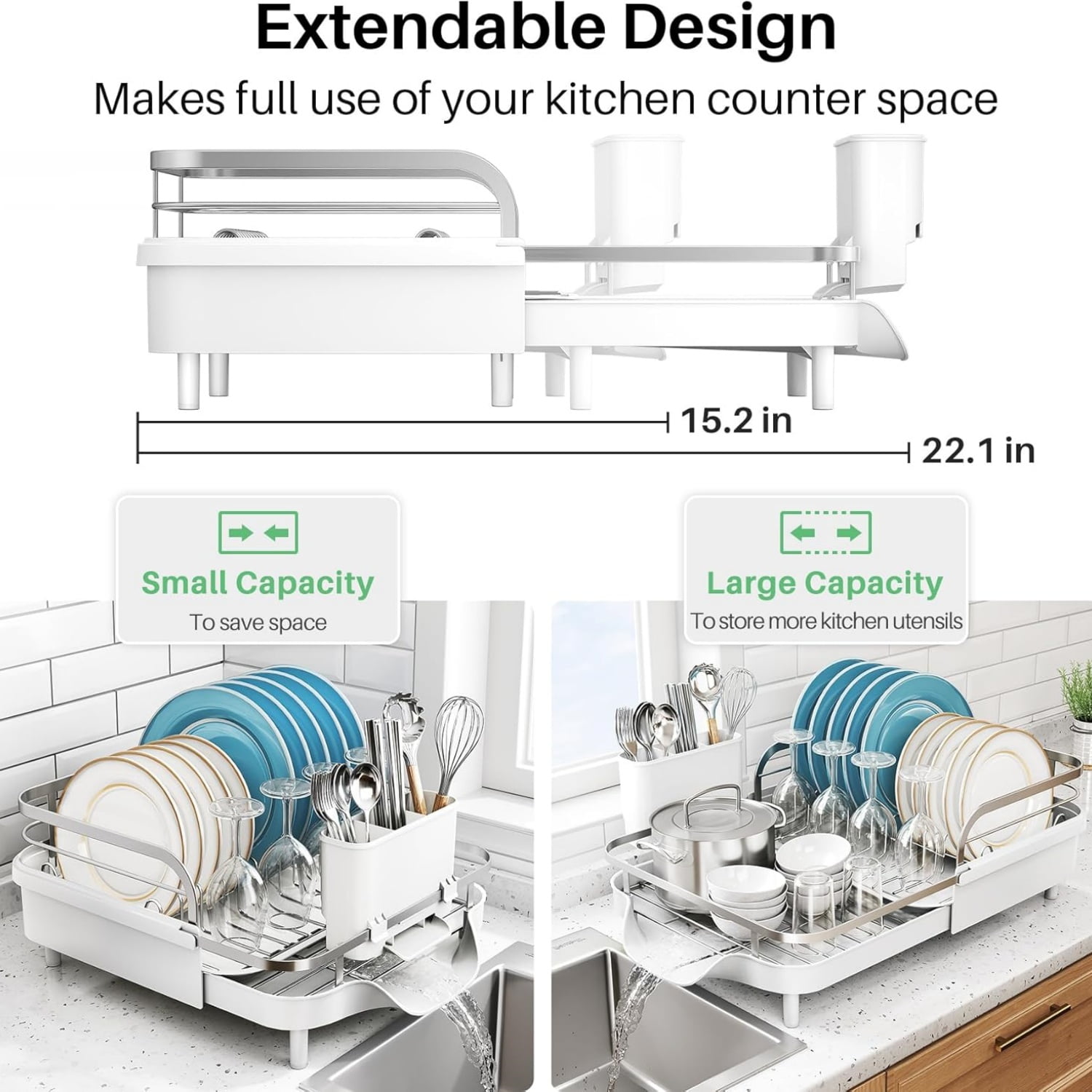 Dish Drying Rack, Expandable Dish Rack for Kitchen Counter, Stainless Steel Dish Drainer with Drainboard Set and Utensil Holder (White)
