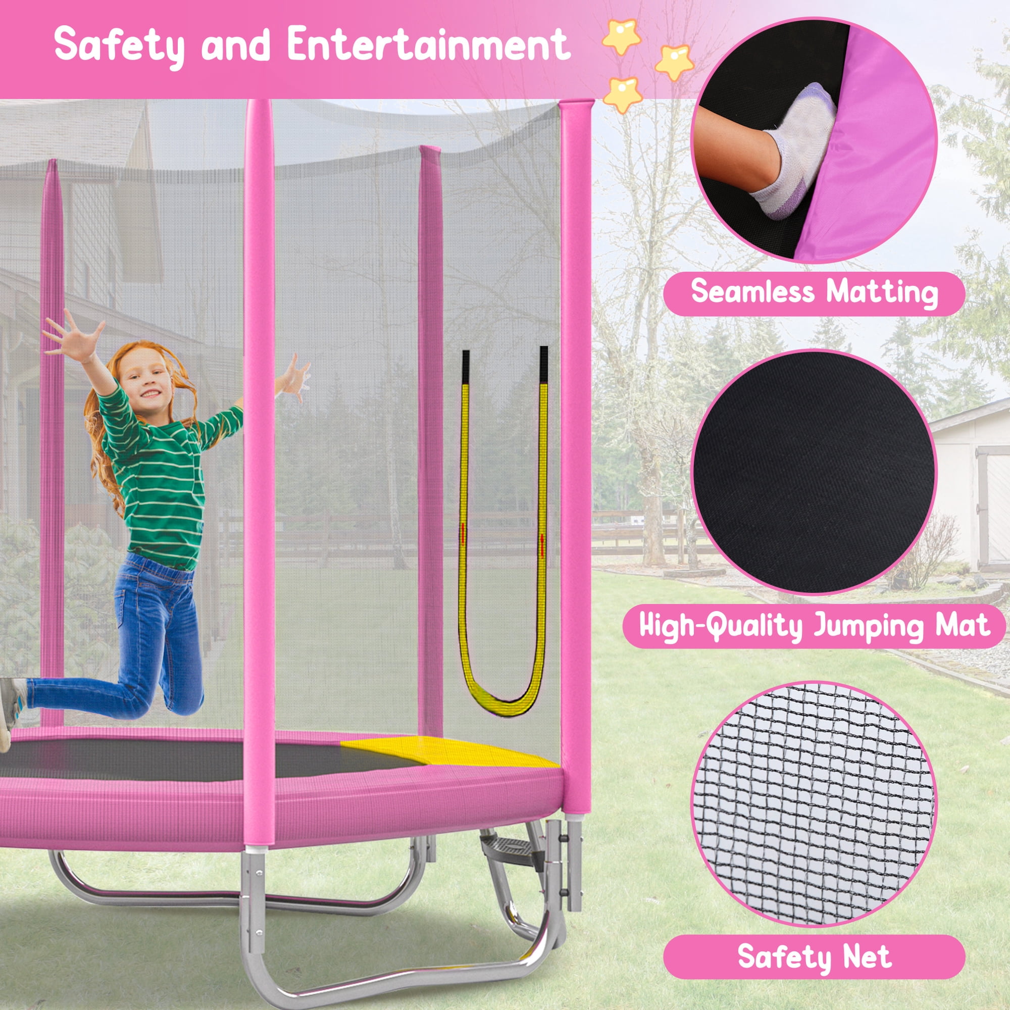 Arspjes 7FT Trampoline for Kids,Outdoor Recreational Trampolines with Safety Enclosure Net,Mini Trampoline with Slide and Ladder,Pink