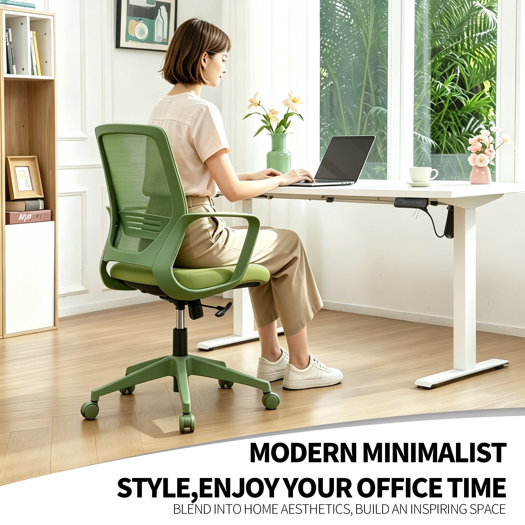 Executive Office Ergonomic Mesh Chair 350LBS, Office Seating, Mesh Fabric, Comfortable Sitting, Integrated Armrest, Lifting, Swivel Net Chair (Green)