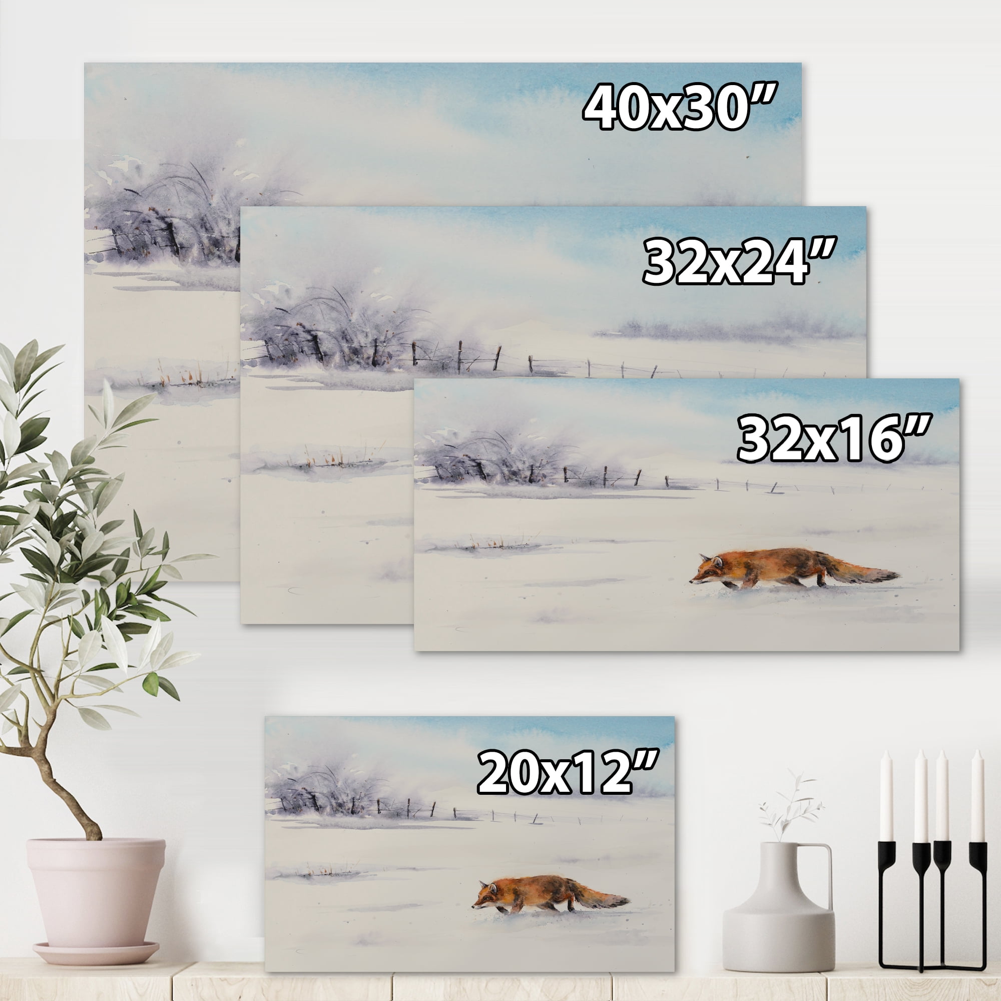 Designart ' Red Fox Running In White Snow in Countryside I ' Farmhouse Canvas Wall Art Print