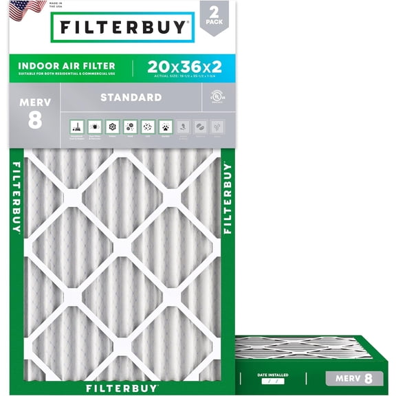 Filterbuy 20x36x2 Air Filter MERV 8 Dust Defense, Pleated HVAC AC Furnace Filter Replacement, 2-Pack