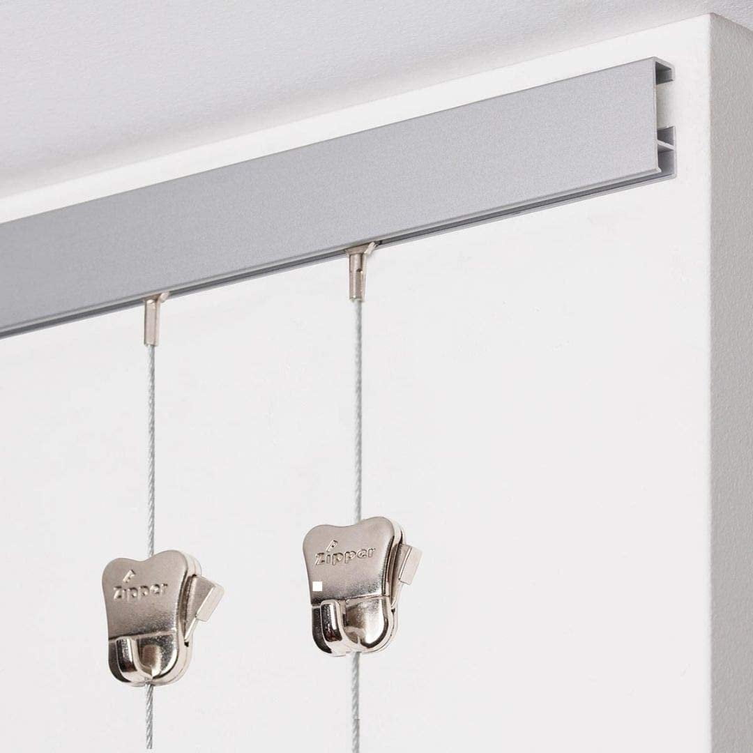 STAS Cliprail Picture Hanging System Set - Covers 9.84 ft of Wall Space - Basic Picture Rail & Art Hanging Gallery Kit Matte Silver Rails, Includes 6 Hooks & 4 Cords
