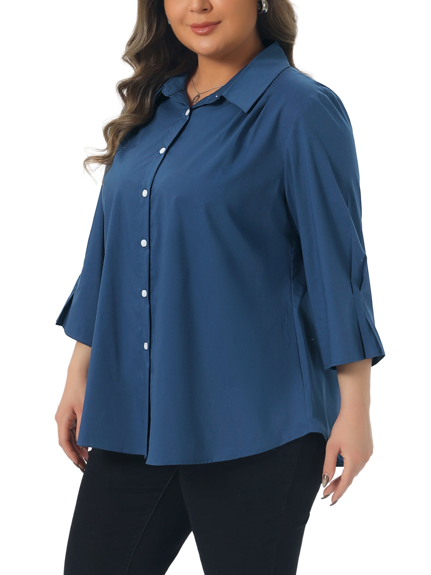 DARING DIVA Women's Plus Button Down Collar Pleated Casual Blouses 3X Dark Blue