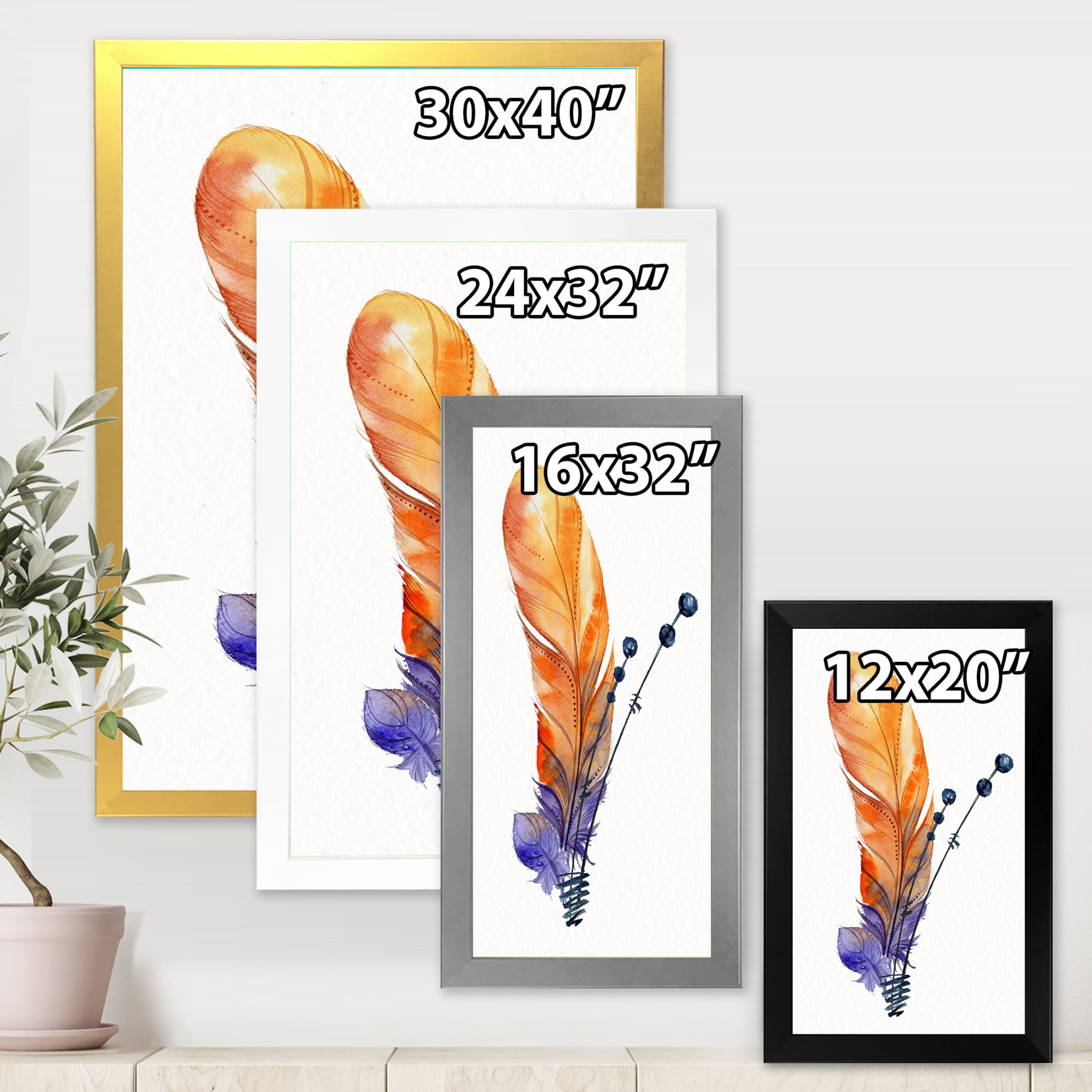 Designart 'Ethnic Orange Animal Feather Composition' Bohemian & Eclectic Framed Art Print
