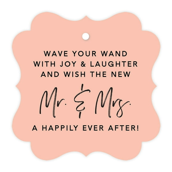 Koyal Wholesale Peach Fancy Frame Wedding Ribbon Wand Favor Tags, Wave Your Wand With Joy & Laughter, 96-Pack