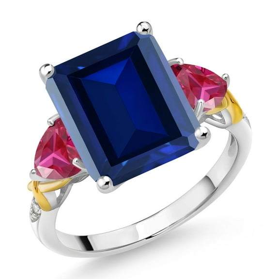 Gem Stone King 925 Silver and 10K Yellow Gold Blue Simulated Sapphire Red Created Ruby and Diamond 3 Stone Ring for Women (7.58 Cttw, Gemstone Birthstone, Emerald Cut 12X10MM, Size 6)