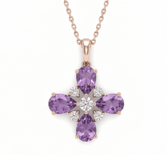 Fine Color Jewels Amethyst Clover Necklace for Women, 925 Sterling Silver Rose Gold Plated 2.89 Ct, Goodluck Birthday Presents for Wife
