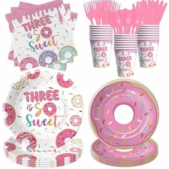 Donut 3rd Birthday Decorations Tableware Girl, Pink Donut Theme Three  So Sweet Birthday Party Supplies, Disposable Paper Plate, Cup, Napkin, Cutlery, Serves 24