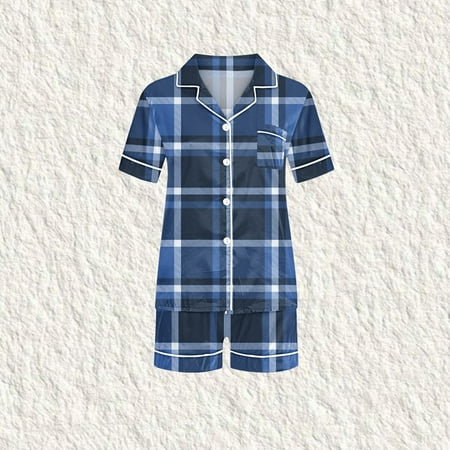 

Elvqul Sleepwear for Kids Clearance Silk Short Sleeve Button Down Collared Boys and Girls Plaid Blue Shorts Nightwear