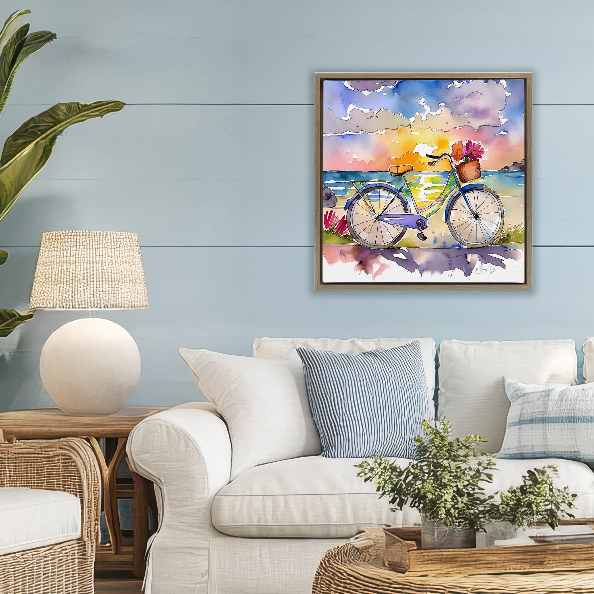 Stupell Industries Bicycle By The Seaside Brown Framed Floater Canvas Wall Art, design by Shelly Craig