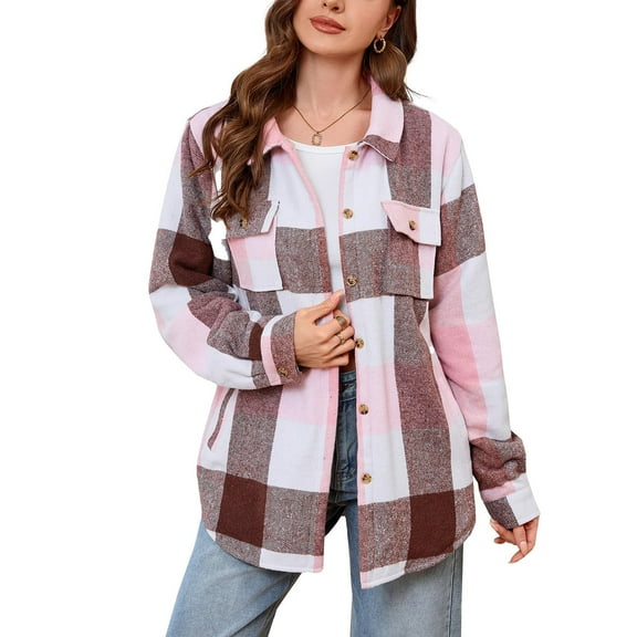SuTry Womens Tops Classic Lapel Plaid Shirt Long Sleeve Button Two Pockets Plush Lined Warm Fleece Top Fall Winter Fashion Coat(Multicolor#1,M)