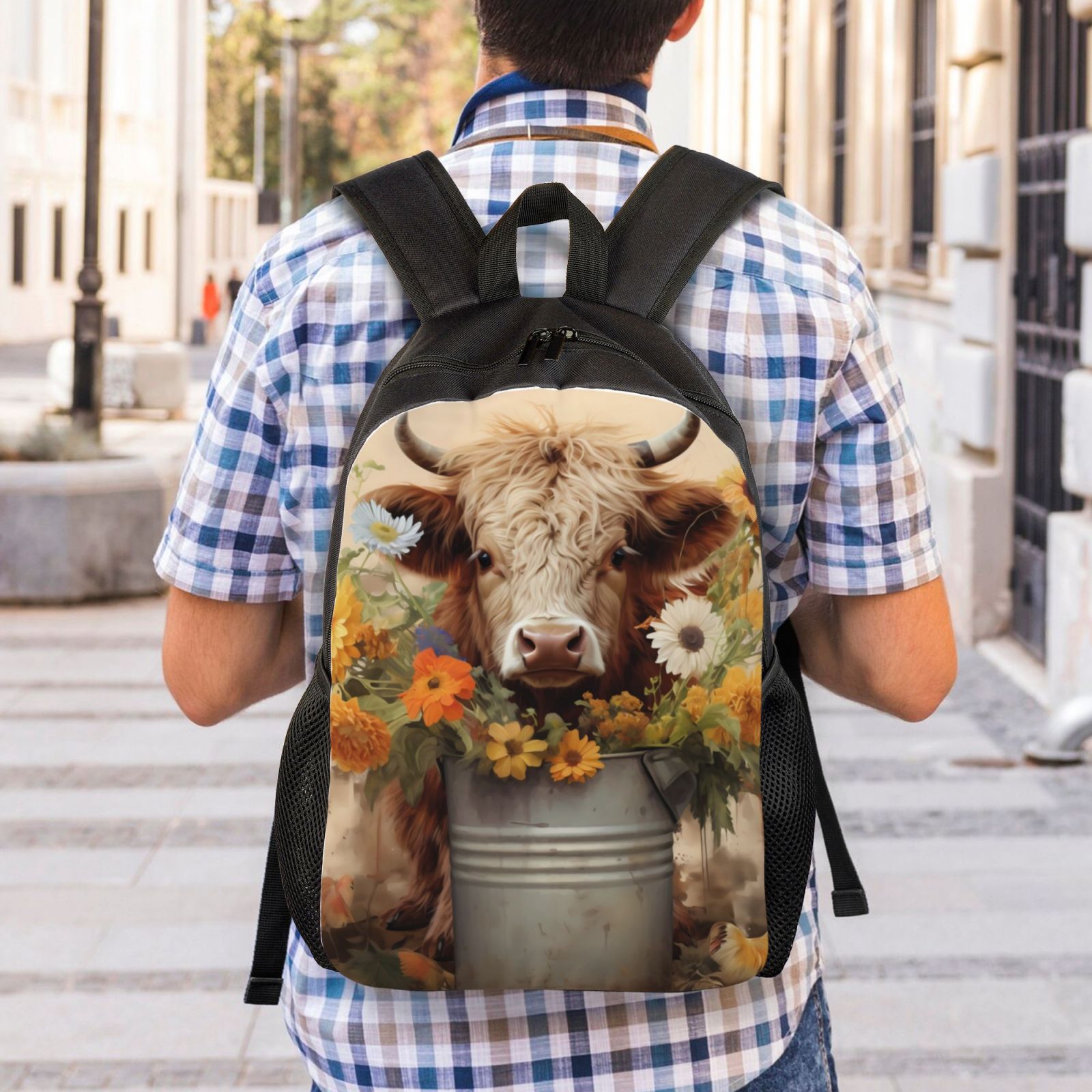 Xecao Bucket Flower Cow Print School Backpack with Laptop Compartment Small Travel Laptop Backpack for Women Men Waterproof College Backpack Simple School Bag