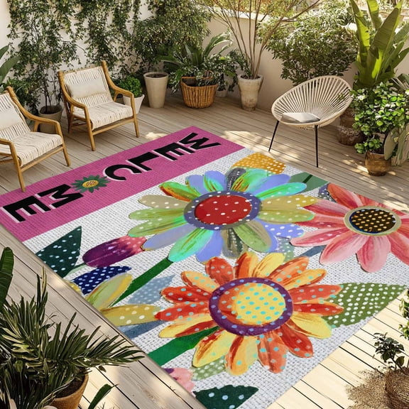 Spring Daisy Outdoor Rug 4x6 Ft - Reversible Patio Rug Outdoor Camping Rugs, Pink Modern Abstract Art Dots Floral Washable Indoor Outdoor Area Rugs, Non-Slip Outdoor Carpet Runner for Deck/Porch