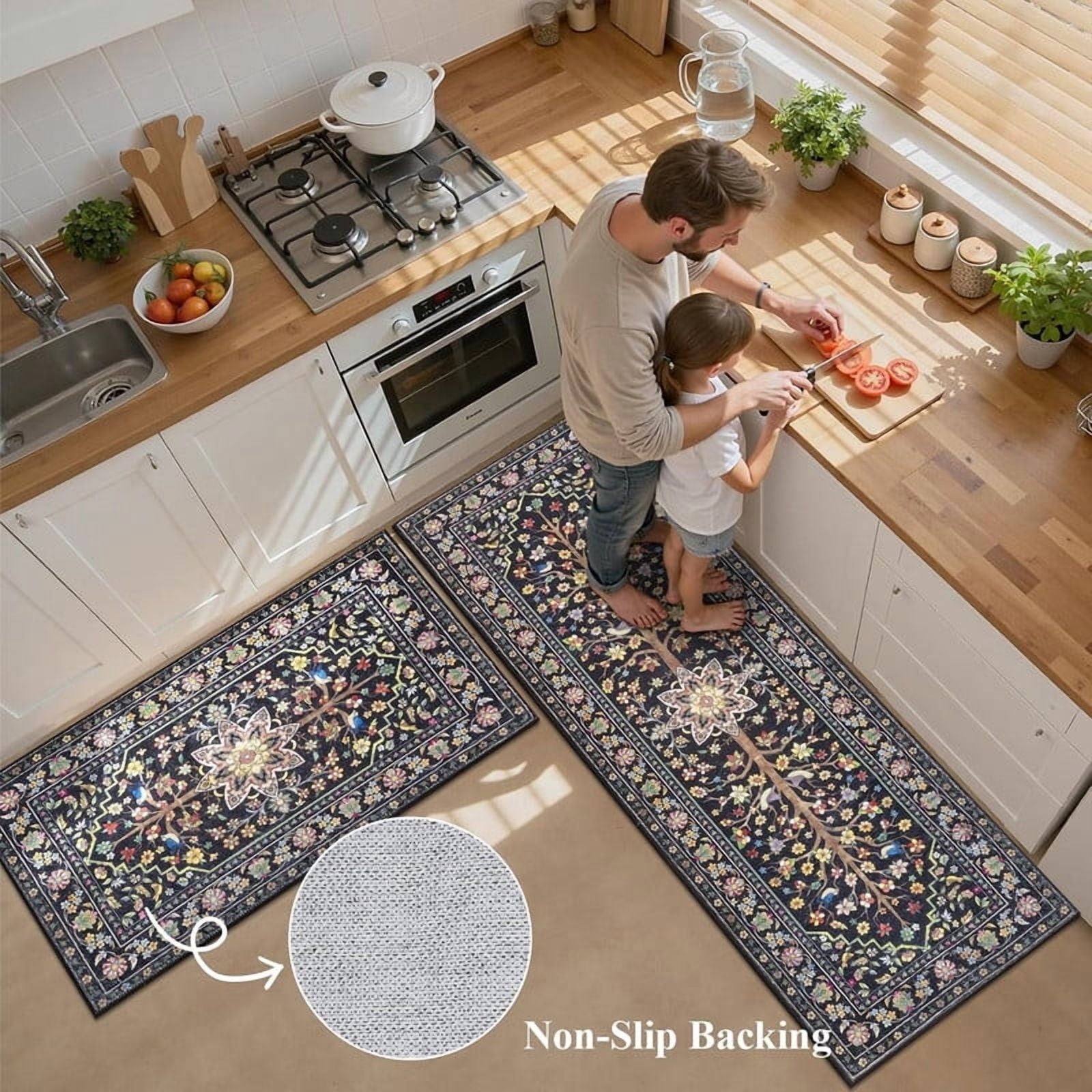 Findosom 3pcs Washable Kitchen Rug Set,Non-Slip Floral Boho Kitchen Mats Kitchen Runner Rug Floor Carpet for Hardwood Floor,Sink,Entryway,Bathroom,Home Decor,20"x32"+20"x48"+20"x59"