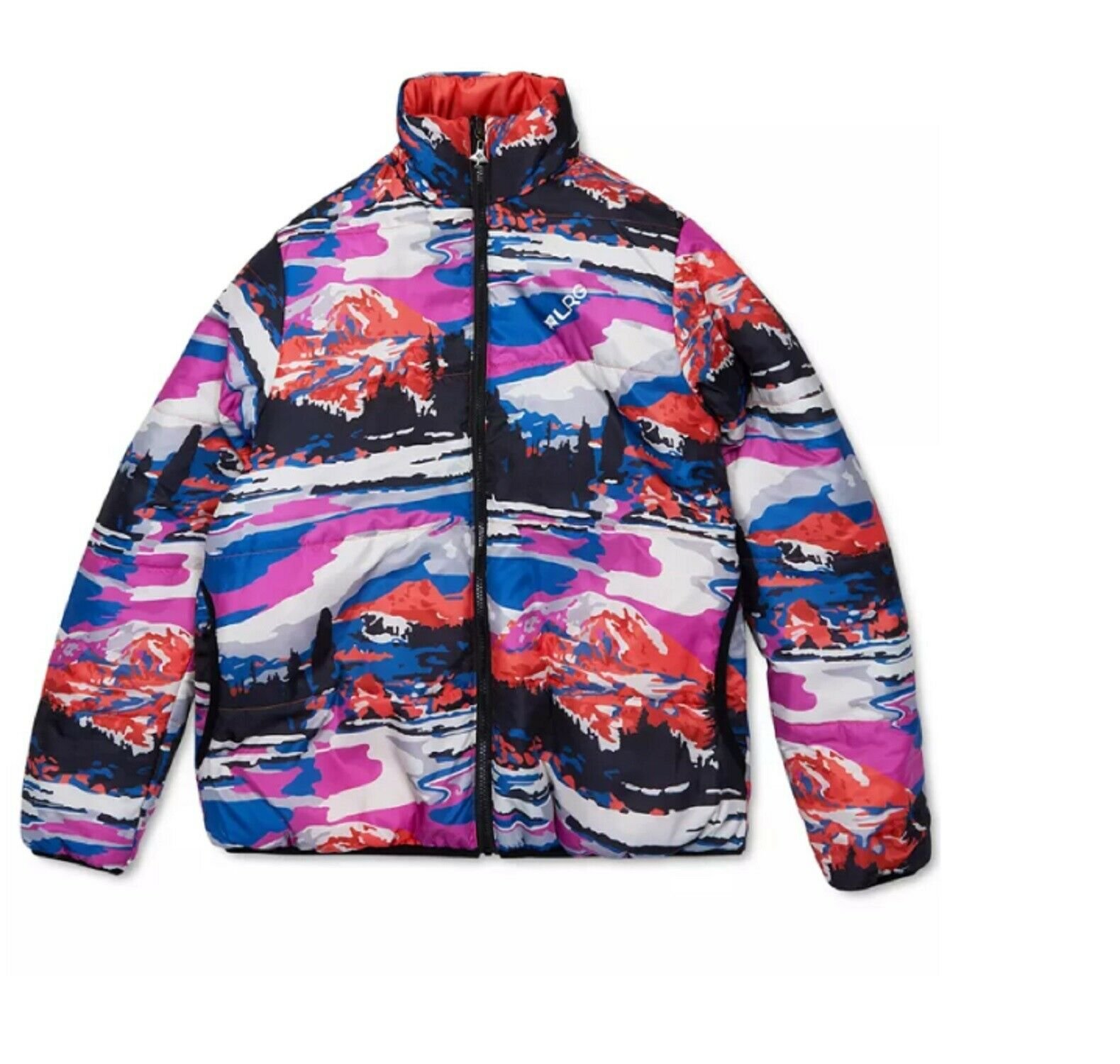 LRG Men's Alpine Divine Reversible Puffer Jacket, Orange/ Multi, S