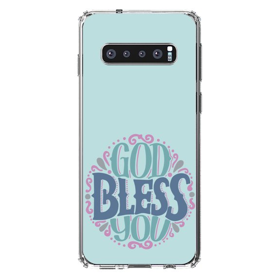 DistinctInk Clear Shockproof Hybrid Case for Samsung Galaxy S10  PLUS(6.4" Screen) - TPU Bumper, Acrylic Back, Tempered Glass Screen Protector - God Bless You - Circle Floral