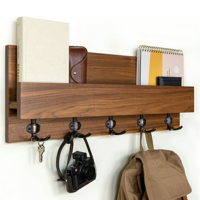 Straga 30" Walnut Coat Rack with 5 Sturdy Hooks and Shelf - Wall Organizer for Keys, Mail, Coats & Decor - Space Saving Entryway Solution for Living Room, Bedroom, Hallway - Handmade in Canada 01