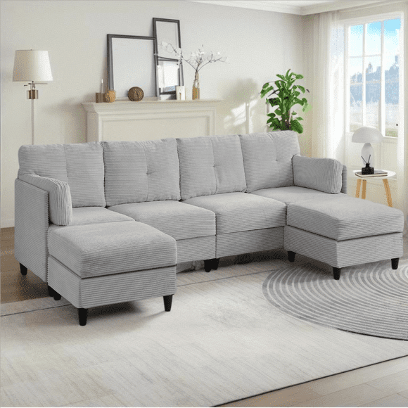 Puremind U Shaped Sectional Sofa, Corduroy Modular Sectional Couch with 2 Movable Ottomans for Living Room/Apartment, Light Gray