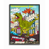 Stupell Industries Fun Dinosaur Facts T-Rex Destroys City Scene Framed Wall Art Design by Sangita Bachelet, 16" x 20", Black Framed