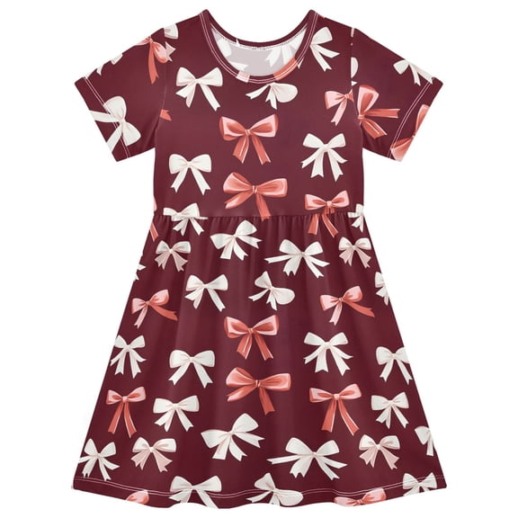 joogoo Bows Pattern Girls' Short Sleeve Dress Kids Dresses 5-6T