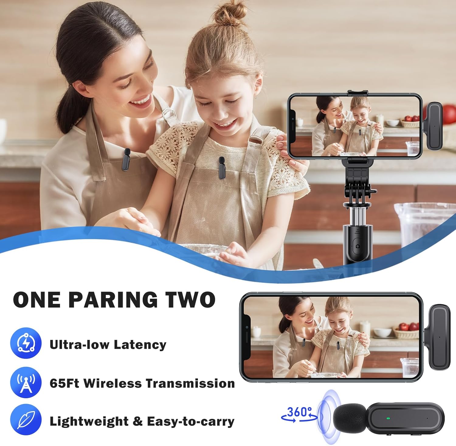 1 Pcs Wireless Lavalier Microphone for iPhone iPad Android PC, Mini Mic with Charging Case, 8H Battery, 65ft Range, USB-C, Clip-On Noise Reduction Mics for Vlogging, TikTok, YouTube, Video Recording